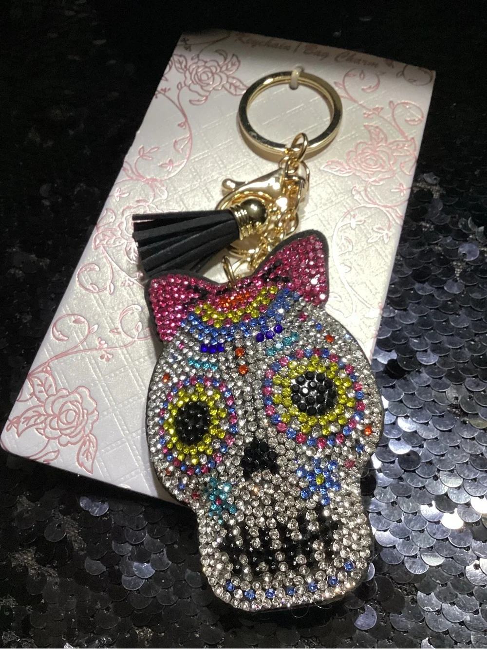 Sparkling Multicolor Sugar Skull Keychain Bag Charm - Gold Hardware